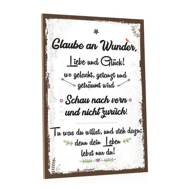 SEO. Holzschild Glaube an Wunder Liebe & Glück - Linkreich
