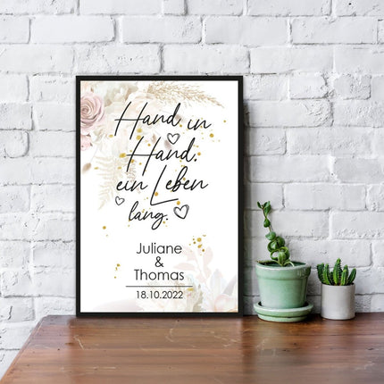 SEO. Holzschild Hand in Hand mit Namen & Datum - Pastel Rosen Linkreich