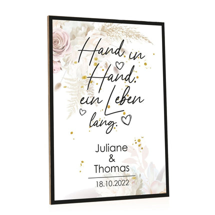 SEO. Holzschild Hand in Hand mit Namen & Datum - Pastel Rosen Linkreich