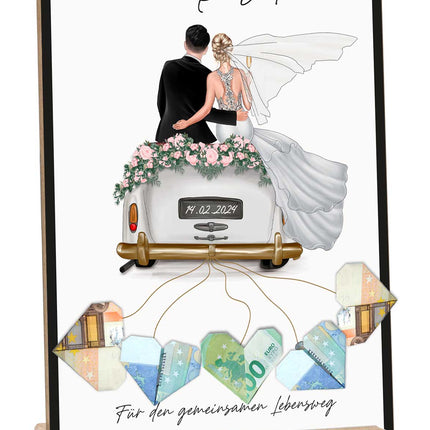SEO. Holzschild Hochzeitsauto - Umfangreich anpassbares Geldgeschenk zur Hochzeit - Linkreich