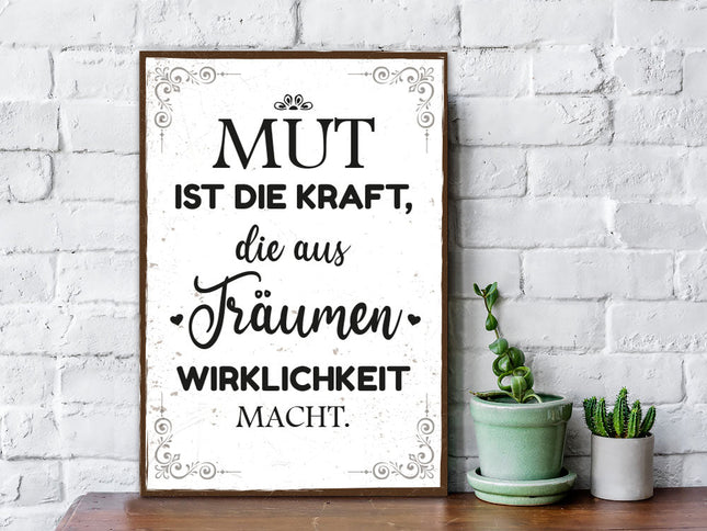 SEO. Holzschild mit Spruch - Mut ist die Kraft - Linkreich