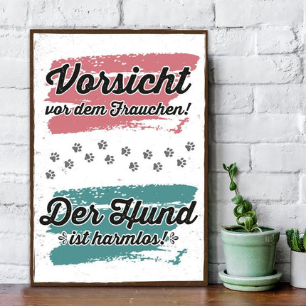SEO. Holzschild mit Spruch - Vorsicht vor dem Frauchen - Linkreich