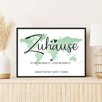 SEO. Holzschild Motiv Zuhause mit Namen & Koordinaten - Grün Linkreich