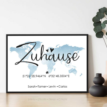 SEO. Holzschild Motiv Zuhause mit Namen & Koordinaten - Blau Linkreich
