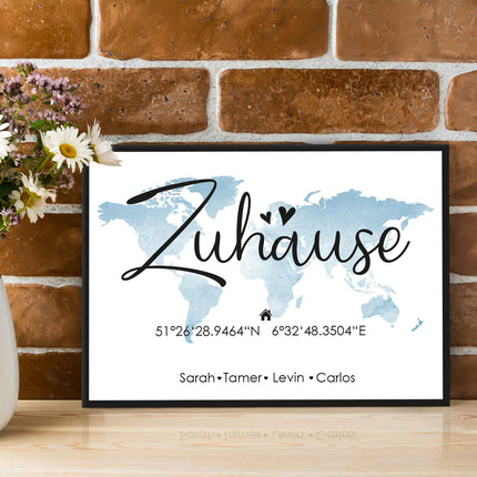 SEO. Holzschild Motiv Zuhause mit Namen & Koordinaten - Blau Linkreich