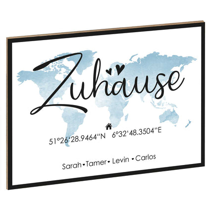 SEO. Holzschild Motiv Zuhause mit Namen & Koordinaten - Blau Linkreich