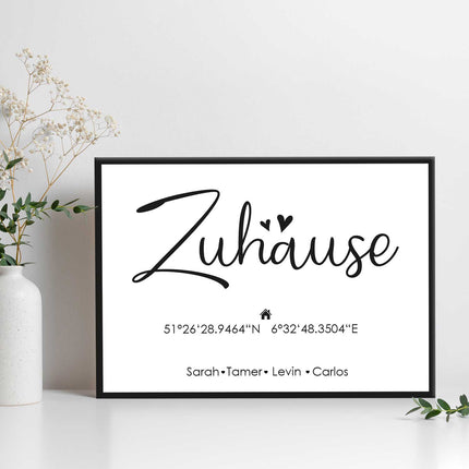 SEO. Holzschild Motiv Zuhause mit Namen & Koordinaten - Weiß Linkreich