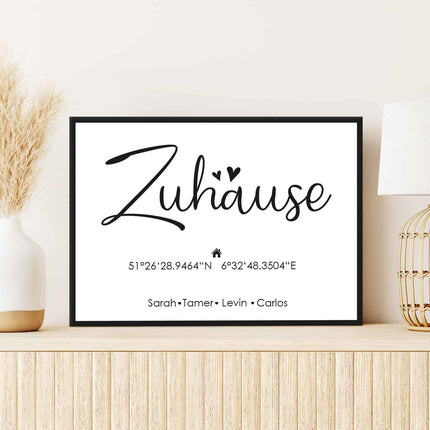SEO. Holzschild Motiv Zuhause mit Namen & Koordinaten - Weiß Linkreich