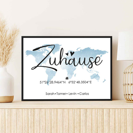 SEO. Holzschild Motiv Zuhause mit Namen & Koordinaten - Blau Linkreich