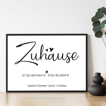 SEO. Holzschild Motiv Zuhause mit Namen & Koordinaten - Weiß Linkreich
