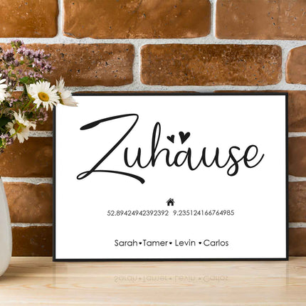 SEO. Holzschild Motiv Zuhause mit Namen & Koordinaten - Weiß Linkreich