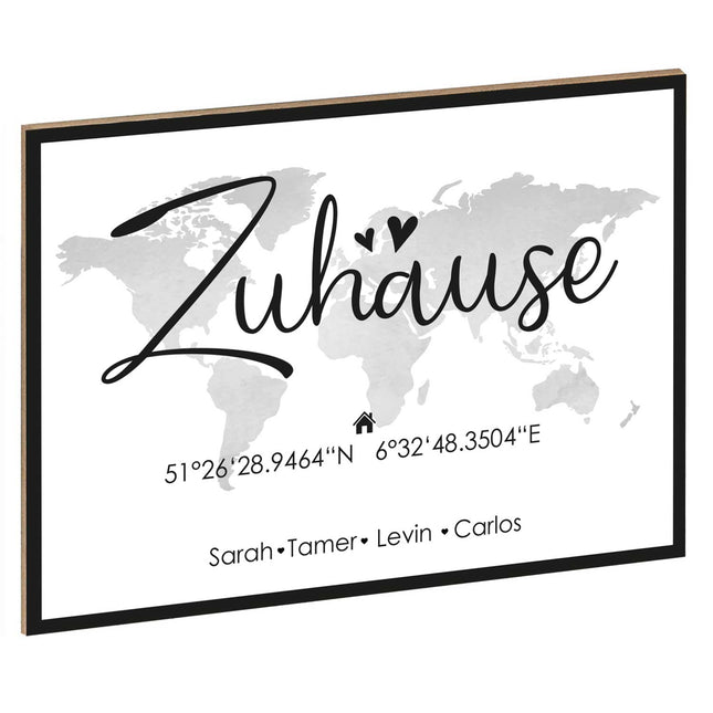 SEO. Holzschild Motiv Zuhause mit Namen & Koordinaten - Grau Linkreich
