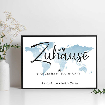 SEO. Holzschild Motiv Zuhause mit Namen & Koordinaten - Blau Linkreich