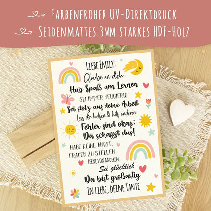 SEO. Holzschild zur Einschulung - Bunt - Einschulungsmutmacher - Linkreich