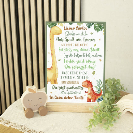 SEO. Holzschild zur Einschulung - Dino - Einschulungsmutmacher - Linkreich
