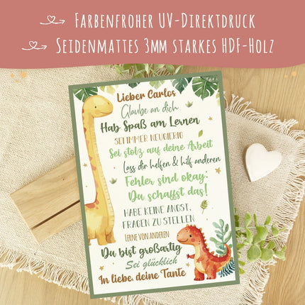 SEO. Holzschild zur Einschulung - Dino - Einschulungsmutmacher - Linkreich