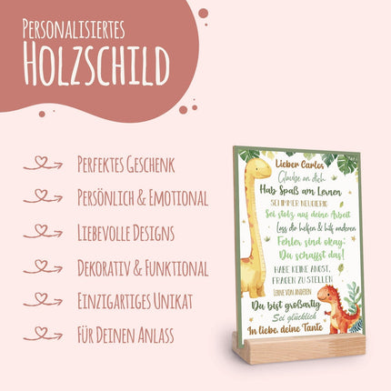 SEO. Holzschild zur Einschulung - Dino - Einschulungsmutmacher - Linkreich