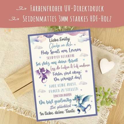 SEO. Holzschild zur Einschulung - Drache - Einschulungsmutmacher - Linkreich