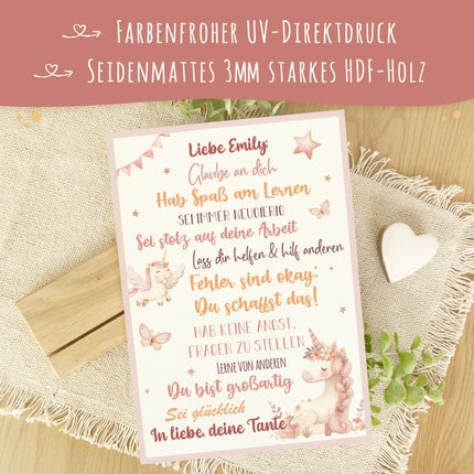 SEO. Holzschild zur Einschulung - Einhorn - Einschulungsmutmacher - Linkreich