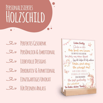 SEO. Holzschild zur Einschulung - Einhorn - Einschulungsmutmacher - Linkreich