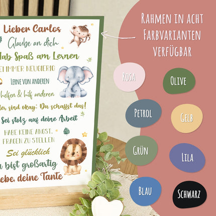 SEO. Holzschild zur Einschulung - Tiergruppe Safari - Einschulungsmutmacher - Linkreich