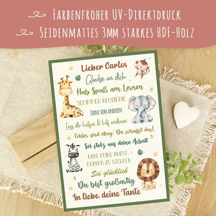 SEO. Holzschild zur Einschulung - Tiergruppe Safari - Einschulungsmutmacher - Linkreich