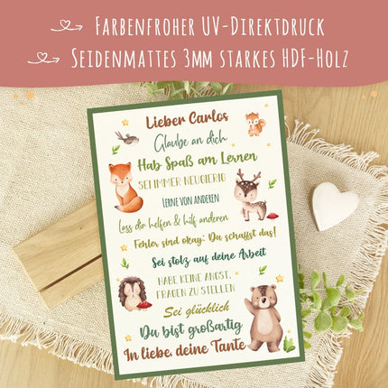 SEO. Holzschild zur Einschulung - Tiergruppe Wald - Einschulungsmutmacher - Linkreich
