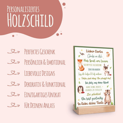 SEO. Holzschild zur Einschulung - Tiergruppe Wald - Einschulungsmutmacher - Linkreich