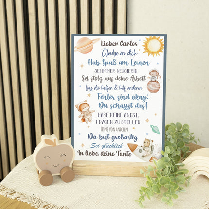 SEO. Holzschild zur Einschulung - Weltall - Einschulungsmutmacher - Linkreich
