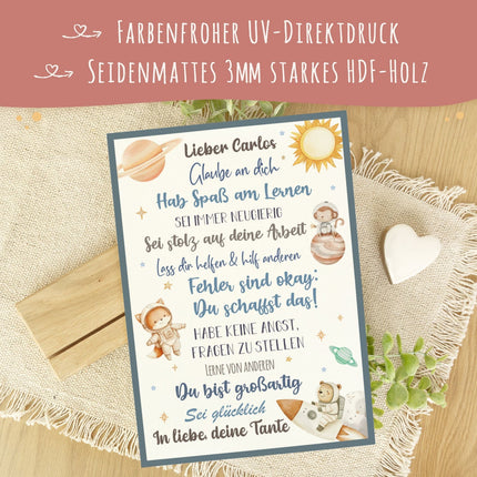 SEO. Holzschild zur Einschulung - Weltall - Einschulungsmutmacher - Linkreich