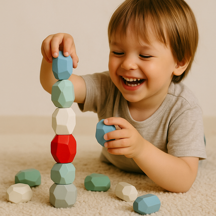 16 farbige Holz Stapelsteine - Kinder Balanciersteine für motorische Entwicklung