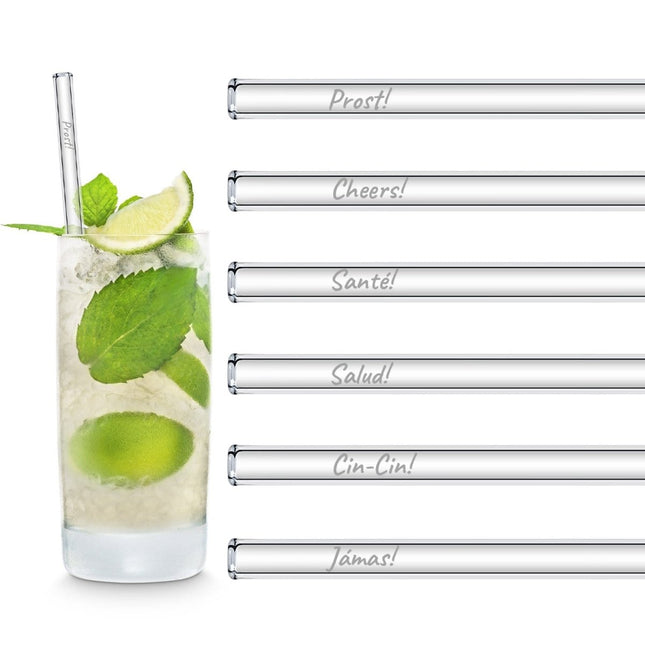 SEO. International Anstoßen Edition 20cm Glastrinkhalme „Prost“ in 6 verschiedenen Sprachen - 20 cm Linkreich