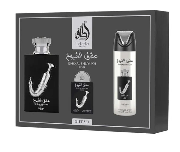 Ishq Al Shuyukh Silver Geschenkset von Lattafa Pride | Frisch - aromatisch | Unisex | 3 - teilig (Geschenkset) kaufen bei Linkreich – Jetzt entdecken!