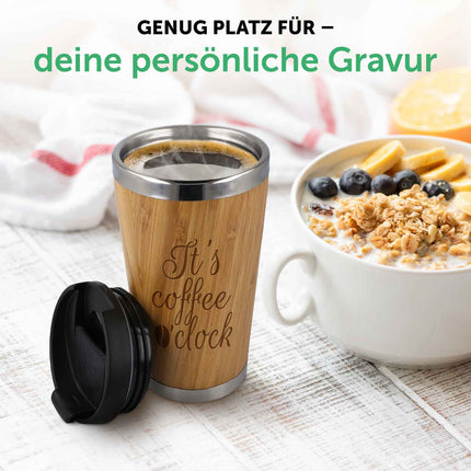 SEO. Kaffeebecher aus Bambus mit Gravur - verschiedene Motive - Keep Warm Linkreich