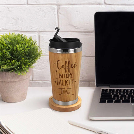 SEO. Kaffeebecher aus Bambus mit Gravur - Verschiedene Motive mit eigenem Namen - Mountain Adventure Linkreich