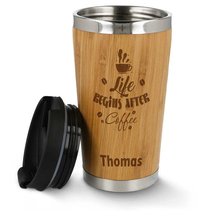 SEO. Kaffeebecher aus Bambus mit Gravur - Verschiedene Motive mit eigenem Namen - Life Begins After Coffee Linkreich