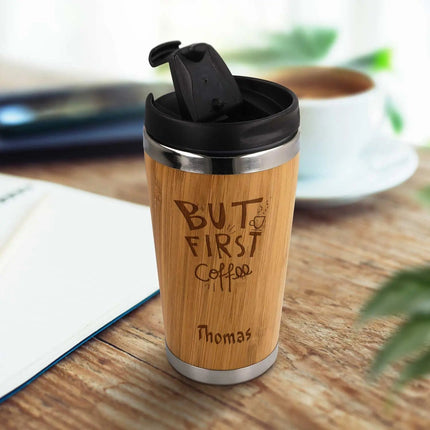 SEO. Kaffeebecher aus Bambus mit Gravur - Verschiedene Motive mit eigenem Namen - Mountain Adventure Linkreich
