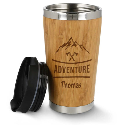 SEO. Kaffeebecher aus Bambus mit Gravur - Verschiedene Motive mit eigenem Namen - Mountain Adventure Linkreich