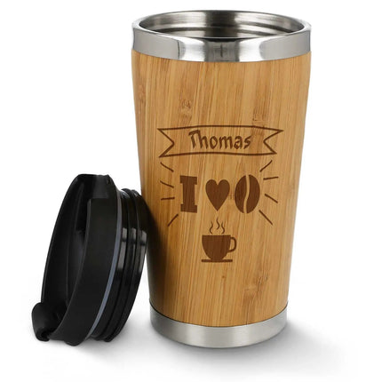 SEO. Kaffeebecher aus Bambus mit Gravur - Verschiedene Motive mit eigenem Namen - I <3 Coffee Linkreich