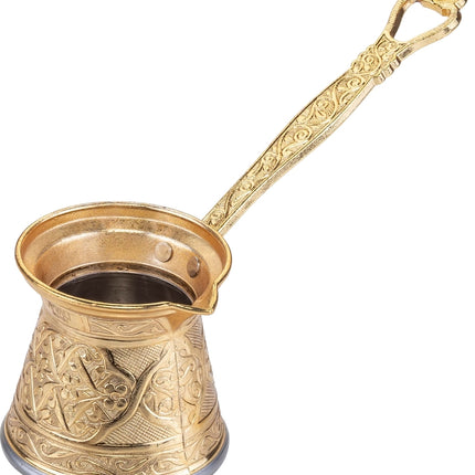KayaHome Kupfer Cezve No 5 Gold 220 ml – handgemachte türkische Mokkakanne mit Gravur & Messinggriff