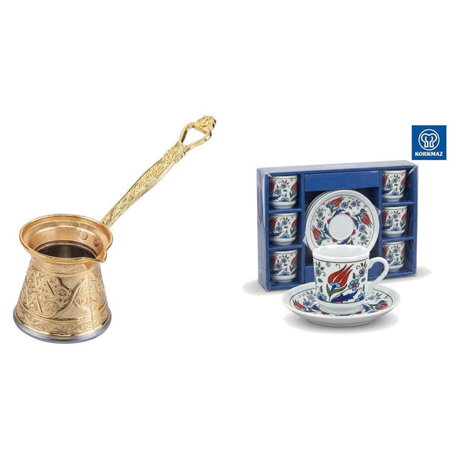 KayaHome Cezve No 5 Gold 220 ml Mokka-Set mit 6 Moccatassen – Tassen-Set Bosphorus