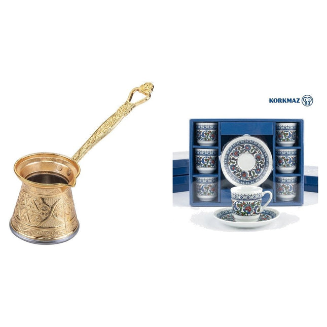 KayaHome Kupfer Cezve No 6 Gold 350 ml Mokka-Set mit 6 Moccatassen – Tassen-Set Topkapi