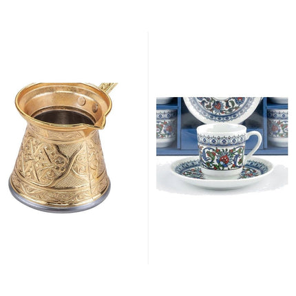 KayaHome Kupfer Cezve No 6 Gold 350 ml Mokka-Set mit 6 Moccatassen – Tassen-Set Topkapi