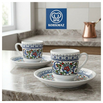 KayaHome Kupfer Cezve No 6 Gold 350 ml Mokka-Set mit 6 Moccatassen – Tassen-Set Topkapi