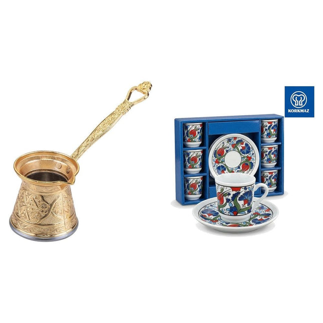 KayaHome Kupfer Cezve No 6 Gold 350 ml Mokka-Set mit 6 Moccatassen – Tassen-Set Tulip