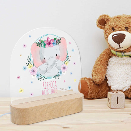 SEO. Kinder LED Nachtlicht mit Sockel aus Holz - "Blumenkreis" - Waschbär Linkreich