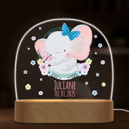 SEO. Kinder LED Nachtlicht mit Sockel aus Holz - "Blumenkreis" - Elefant mit Schleife Linkreich