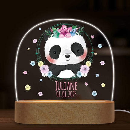 SEO. Kinder LED Nachtlicht mit Sockel aus Holz - "Blumenkreis" - Panda mit Blume Linkreich