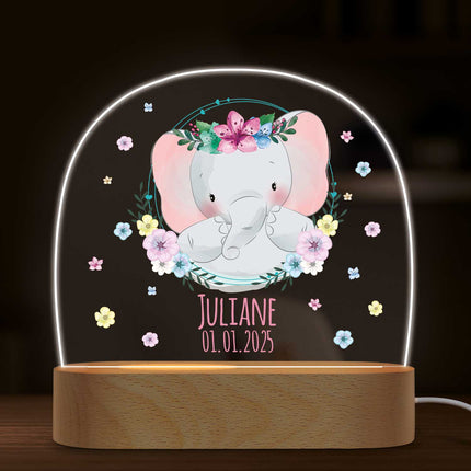SEO. Kinder LED Nachtlicht mit Sockel aus Holz - "Blumenkreis" - Elefant mit Blume Linkreich
