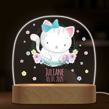SEO. Kinder LED Nachtlicht mit Sockel aus Holz - "Blumenkreis" - Katze Linkreich